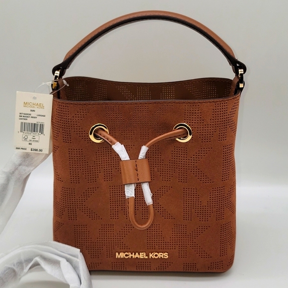 Michael Kors Suri Small Logo Perforated Suede Crossbody Bag in Luggage - Picture 2 of 5